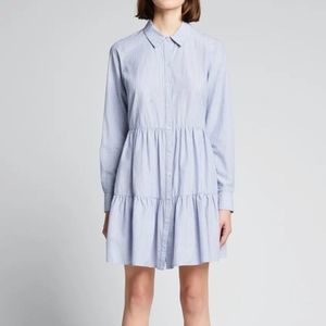 Veronica Beard Jeans Shirt Dress Jemila Blue Striped Tiered Long Sleeve Mini